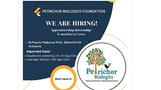 Freshers BPharmMScMPharma Openings At Petrichor biologics Pvt Ltd [upl. by Haddad]