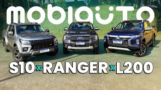 NOVA FORD RANGER encara MITSUBISHI L200 e CHEVROLET S10 em comparativo BRUTO [upl. by Kcirdek]