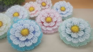 수세미코바늘 풍성한 흰 꽃 평면 수세미 뜨기 crochet coaster Crochet Dish Scrubby [upl. by Eceinej]