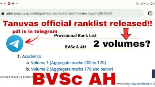 Tanuvas Ranklist for BVSc AH  BTech poultryfood technologydairy technology Ranklist Released 2024 [upl. by Hortense]