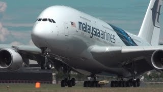 MALAYSIA AIRLINES AIRBUS A380 at FARNBOROUGH 2012 amp A380 ON FLOODED RUNWAY airshowvision [upl. by Hamburger58]