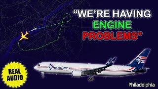 Engine problems on takeoff Amerijet Boeing 767 performs emergency return at Philadelphia Real ATC [upl. by Alarice275]