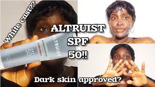 ALTRUIST SUNSCREEN SPF50 FULL REVIEW altruist dermatologist face fluid SPF50 on dark skin [upl. by Mairem]