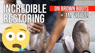 S4E10 Incredible restoring on brown boots by Serafin shoe shiner ASMR shoeshine faustoarizmendi [upl. by Flanna]