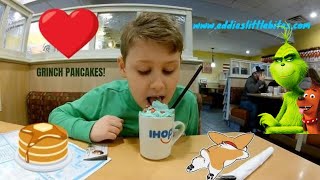 IHOP GRINCH PANCAKES Kids meal review Eddies Little Bites [upl. by Rubi]