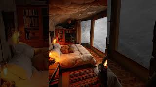 Healing Ambiance Sleep Aid Cave Cozy Cabin Burning Fireplace Blizzard Snowfall stormsounds [upl. by Airehc991]