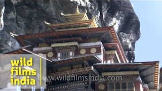 Taktsang or Tigers Nest monastery atop a cliff in Paro Bhutan [upl. by Neved]