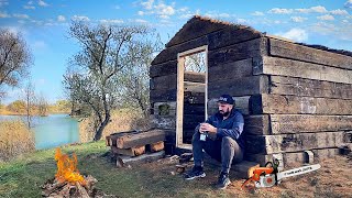 Building of Fishermans hut with sleepers  Bushcraft by the Lake [upl. by Weirick]