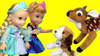 Elsa and Anna toddlers feed cute stuffed animal pets [upl. by Shawnee]