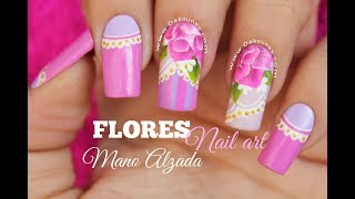 Diseño de uñas flores a mano alzada  One stroke Nail art [upl. by Marienthal876]