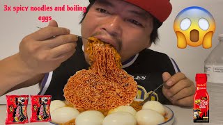 First time 3x spicy ramen noodles with boiling eggs mukbang raikanchavlog mukbang spicynoodles [upl. by Yorel]