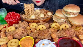 ASMR EATING SPICY NOODLESFRIED CHICKENPOTATO SMILEYSCHICKEN BURGERRED CHILLI ASMR EATING [upl. by Idihc233]