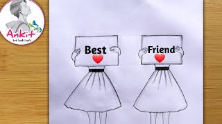 Best friend ❤pencil sketch  step by step very easyhow to draw friendship day drawing bff drawing [upl. by Dixil571]