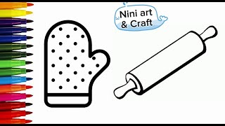 Kitchen glove and Rolling pin drawing Drawing Painting and coloring for kids [upl. by Natividad260]