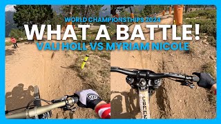 GoPro WHAT A BATTLE  1ST vs 2ND  2024 DH MTB World Champs FINALS  Vali Holl vs Myriam Nicole [upl. by Annoiek]