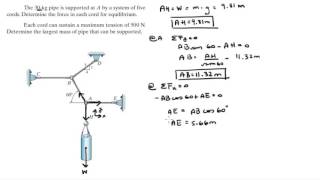 Determine the force in each cord for equilibrium and max mass of the pipe [upl. by Nguyen]