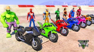 SPIDERMAN COOL Motorcycles Racing Challenge on Mega Beach Rampa With Hulk Epic Bikes Stunts  GTA 5 [upl. by Oryaj]