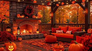 Autumn Porch Vibes 🍂 Cozy Morning with Piano Jazz and Soft Rain Fireplace Sounds for Relaxation [upl. by Otto]