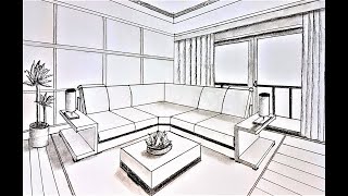 How to draw a living room in two point perspective [upl. by Chryste]