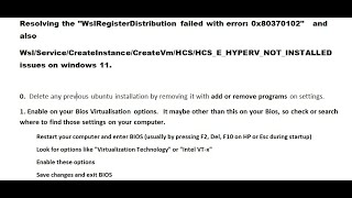 Resolving the WslRegisterDistribution failed with error 0x80370102 and HCSEHYPERVNOTINSTALLED [upl. by Otanod]