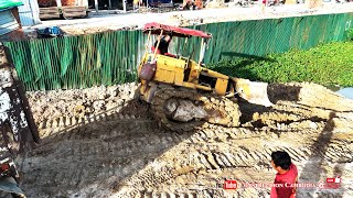 Incredible Small Bulldozer Stuck In Deep Mud Pulling Out By Dump Trucks [upl. by Eillah427]