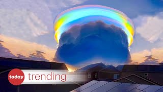 Rare rainbow cloud lights up sky in China [upl. by Arny]