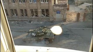 Russian T72 tank hit by RPG7 round on the streets of Mariupol [upl. by Odnalo]