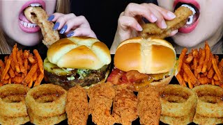 ASMR GIANT CRUNCHY ONION RINGS FRIED CHICKEN TENDERS BACON CHEESEBURGERS SWEET POTATO FRIES 먹방 [upl. by Leonora]