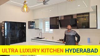 latest kitchen design in Hyderabad  Premium lacquered glass finish modular kitchen in hindiurdu [upl. by Kinata]