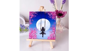 Easy Painting Technique  Alone Girl swinging in the beautiful moonlit night  Painting [upl. by Eneleahs]