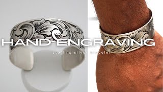 Making and hand engraving a sterling silver jewelry bracelet in scroll design [upl. by Yrdua]