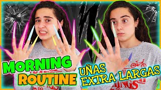 RUTINA DE MAÑANA CON UÑAS EXTRA LARGAS 💜 RETO EXTREMO CON UÑAS GIGANTES 😱 CLODETT [upl. by Siuqramed]