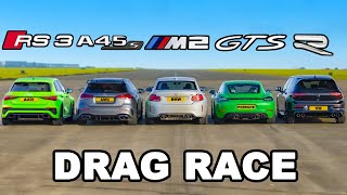 Audi RS3 v AMG A45 v BMW M2 v Porsche Cayman GTS v VW Golf R DRAG RACE [upl. by Schiffman]