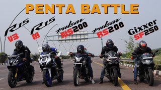 Pulsar RS200 vs Yamaha R15M vs Yamaha R15 V3 vs Suzuki Gixxer SF 250 vs Pulsar NS200 Drag Race [upl. by Nannette]