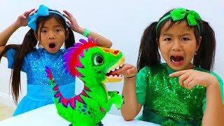 Emma amp Jannie Pretend Play with Pet Dinosaur Toy for Kids [upl. by Ahsemik]