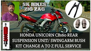 Honda Unicorn CB160 rear suspensionswingArm Bush kit change A TO Z FULL SERVICE zig zag painting [upl. by Erna882]