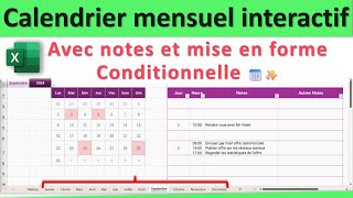 Excel Pros  Calendrier mensuel Interactif  Notes pour Planifier Rendezvous Réunions Projets👍 [upl. by Aikemot]