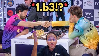 Magnus Carlsen is surprised by Nakamuras 1b3 opening choice  Global Chess League 2024 rematch [upl. by Aihc]