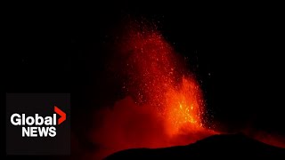 Mount Etna volcano eruptions illuminate night sky in Italy [upl. by Ahsoem]