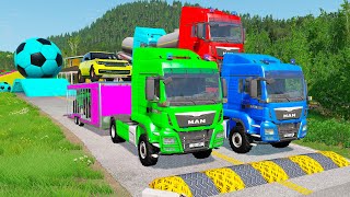 Double Flatbed Trailer Truck vs Speedbumps Train vs Cars  Tractor vs Train BeamngDrive 060 [upl. by Timothea411]