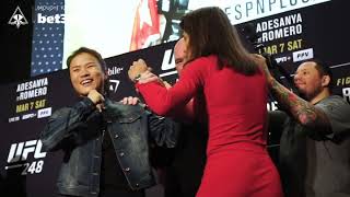 Zhang Weili tells Joanna to shut up at UFC248 Face offs [upl. by Romilly725]