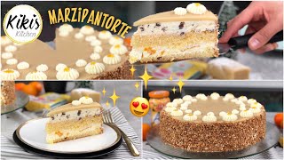 Leckere Marzipantorte  Lockerer Biskuit mit Sahnecreme Aprikose und Krokant  unglaublich lecker [upl. by Vin]