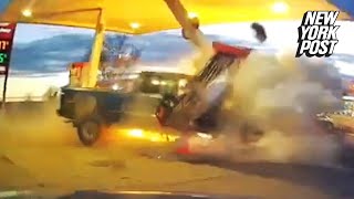 Truck crashes through gas station pump like a speeding bullet [upl. by Elbon]