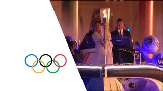 David Beckham amp Sir Steve Redgrave Pass Olympic Torch  London 2012 Opening Ceremony [upl. by Corenda]