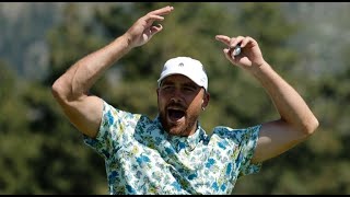 Travis Kelce helps fan after he accidentally hits him with golf ball at Edgewood Tahoe Golf Course [upl. by Aicilra]