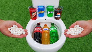 Mentos VS Popular Sodas  Big Coca Cola Fanta Sprite Pepsi Mtn Dew and Mentos in the toilet [upl. by Eelanej427]