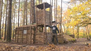 Bushcraft Camp Full Super Shelter Tour Tower Ladder Shelter Roof Log Store Raised Bed [upl. by Erickson]