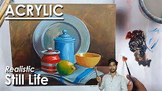 Realistic Still life Composition Acrylic  Dishes and Drapery  step by step  Supriyo [upl. by Aubarta]