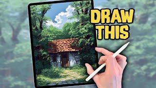 PROCREATE Landscape DRAWING Tutorial in EASY Steps  Secret Forest Hut [upl. by Asirb]