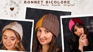 TUTORIEL BONNET BICOLORE AU CROCHET EASY BEANNIE CROCHET Crelya Handmade [upl. by Yna]